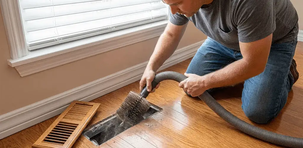 Air duct cleaning technician vacuuming a floor vent and duct opening in Miami, FL