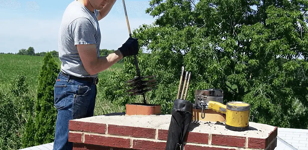 Chimney cleaning technician working on a rooftop chimney with professional tools in Miami, FL