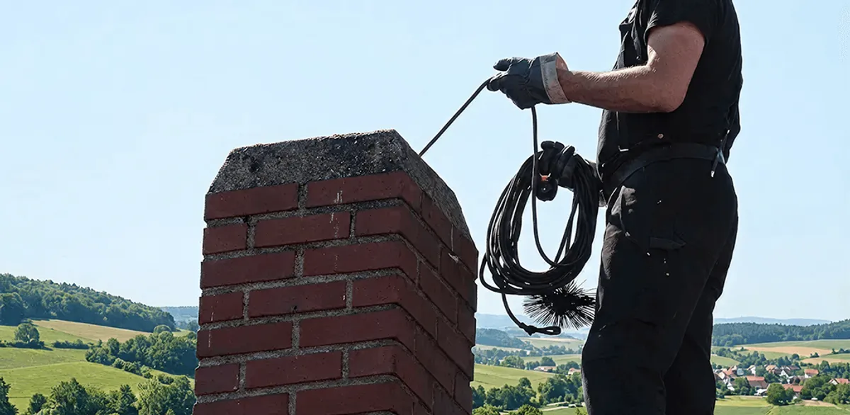 Chimney sweep inspecting and cleaning a rooftop chimney in Miami, FL