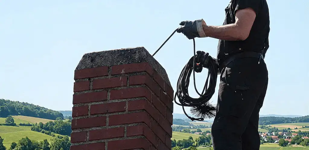 Chimney sweep inspecting and cleaning a rooftop chimney in Miami, FL