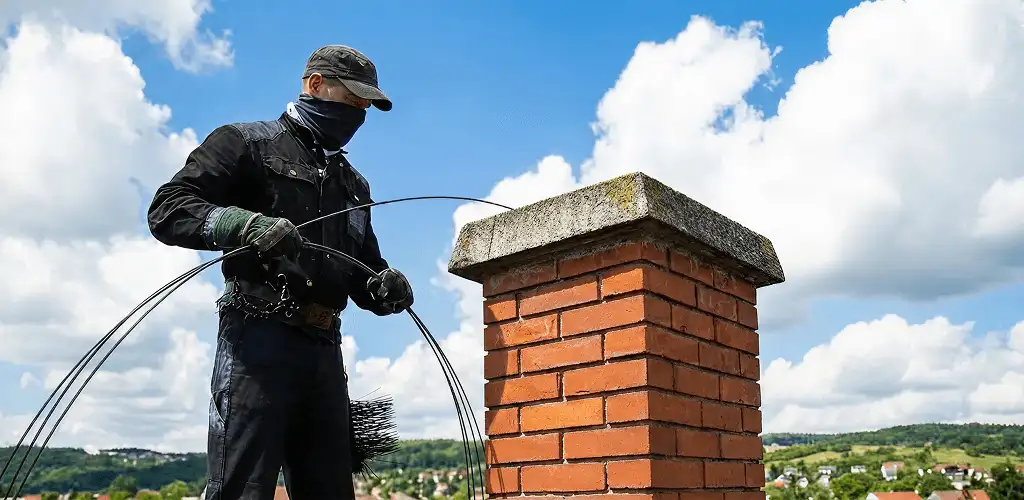 Chimney sweep cleaning a brick chimney with professional tools in Miami, FL