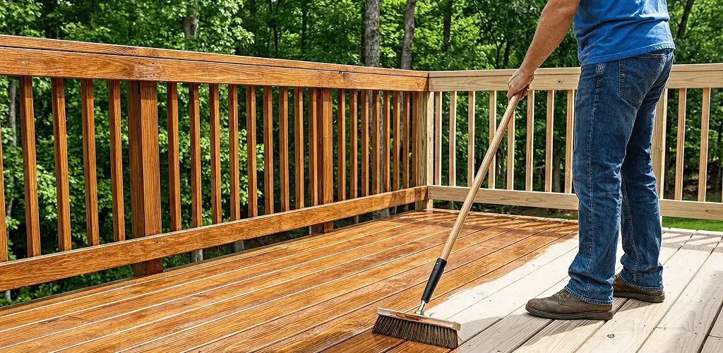 Deck staining and sealing application on a wood deck in Miami, FL