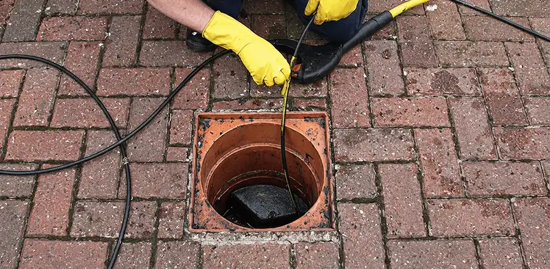Drain cleaning technician using a drain snake to clear a clogged drain in Miami, FL