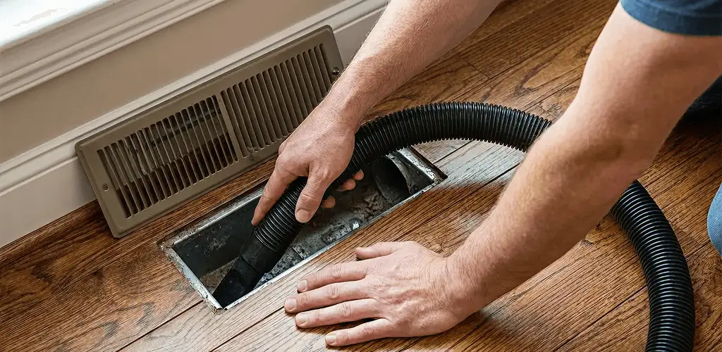 Air duct cleaning technician vacuuming a floor register and duct opening in Miami, FL