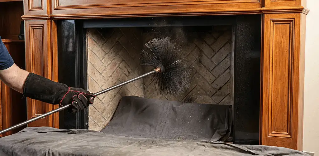 Chimney cleaning service brushing soot from a fireplace and flue in Miami, FL