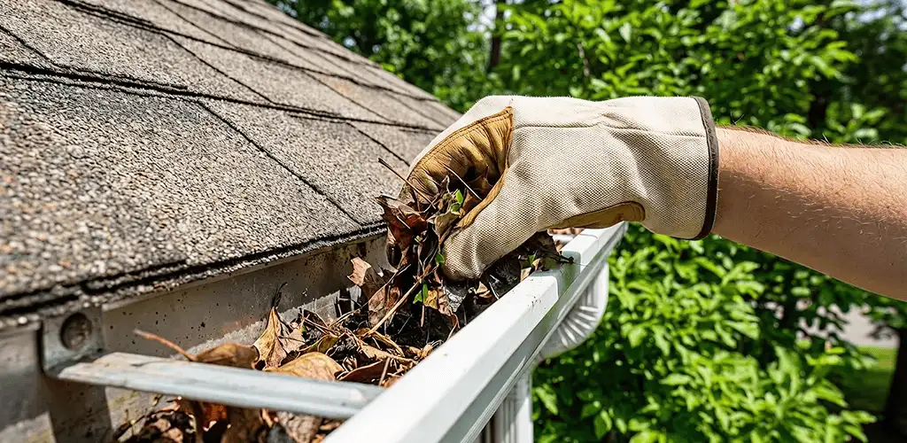 Gutter cleaning removing leaves and debris from roof gutters in Miami, FL