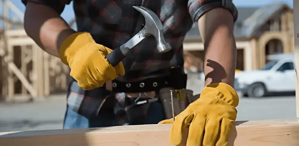 Handyman fixing wood trim with a hammer for home repairs in Miami, FL