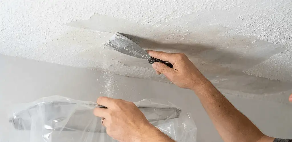 Popcorn ceiling removal technician scraping texture from a ceiling in Miami, FL