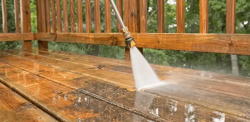 Pressure washing a wood deck to remove dirt and buildup in Miami, FL