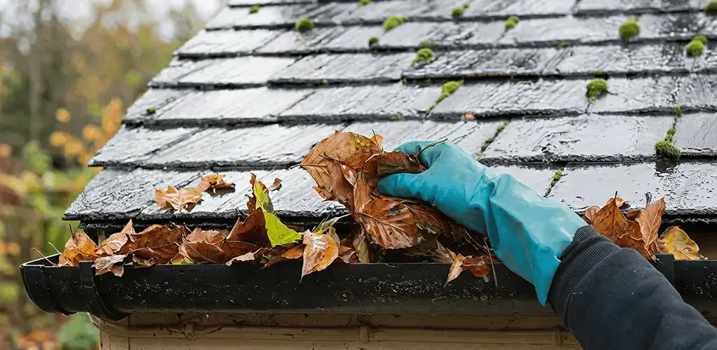 Gutter cleaning technician clearing wet leaves from roof gutters in Miami, FL