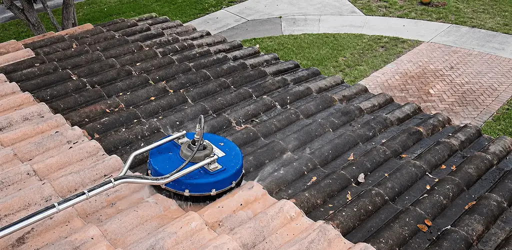 Roof pressure cleaning removing debris and buildup from roof tiles in Miami, FL