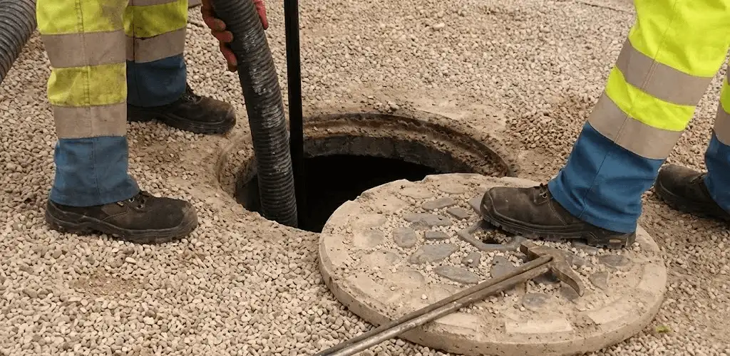 Drain cleaning crew clearing a sewer access point with professional equipment in Miami, FL