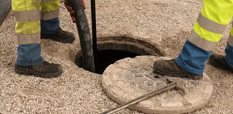 Drain cleaning crew clearing a sewer access point with professional equipment in Miami, FL