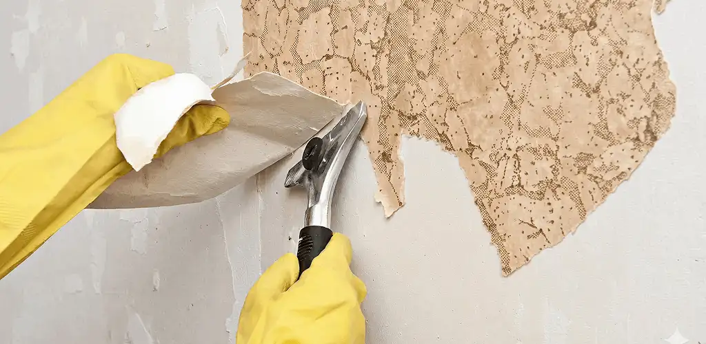 Wallpaper removal service stripping old wallpaper from a wall in Miami, FL