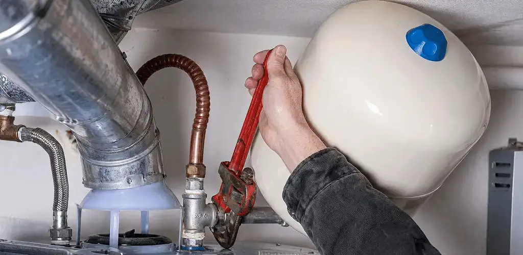 Water heater repair technician tightening plumbing connections near a tank unit in Miami, FL