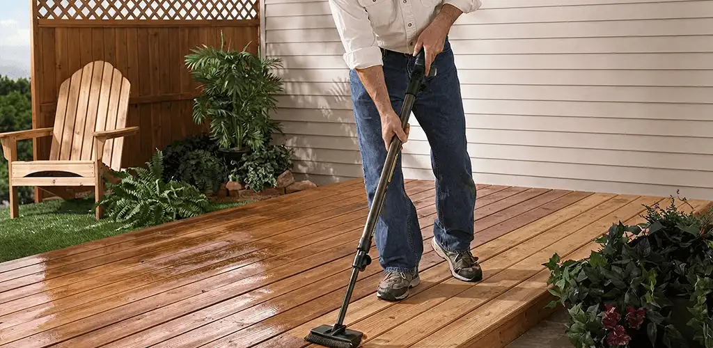 Deck staining service applying stain to a backyard wood deck in Miami, FL